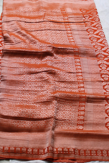 Orange Banarasi Mashru crape georgette Saree with flower zaal design