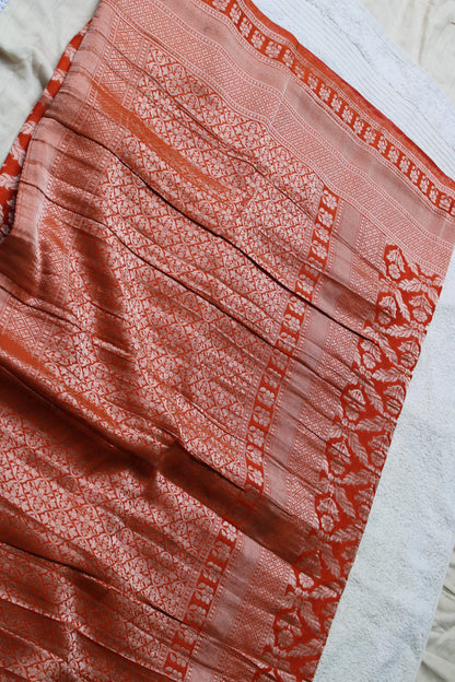 Orange Banarasi Mashru crape georgette Saree with flower zaal design