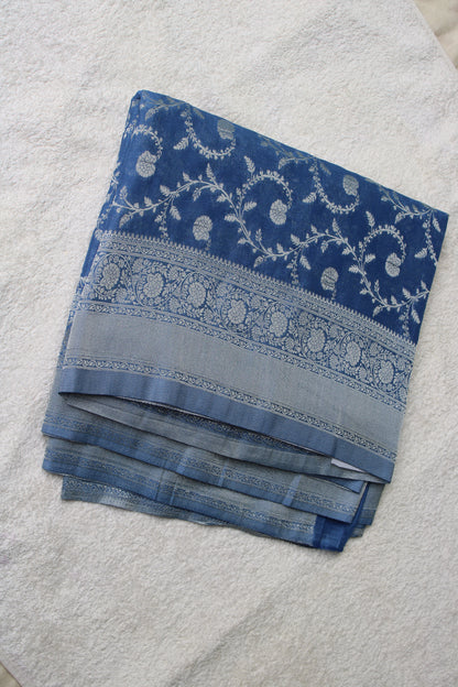 Blue Banarasi Mashru crape georgette Saree with flower zaal design