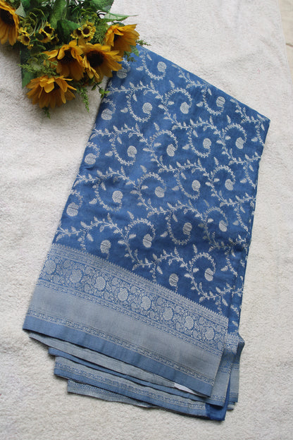 Blue Banarasi Mashru crape georgette Saree with flower zaal design