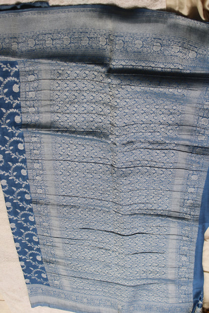 Blue Banarasi Mashru crape georgette Saree with flower zaal design