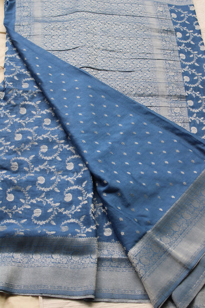 Blue Banarasi Mashru crape georgette Saree with flower zaal design