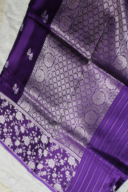 Purple Banarasi Mashru silk saree with big trending floral border