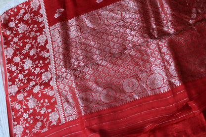Orange Banarasi Mashru silk saree with big trending floral border