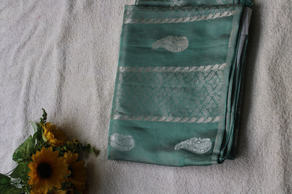 Green Banarasi Mashroo tissue silk saree