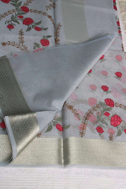 Light grey organza Parsi work saree with Zari border