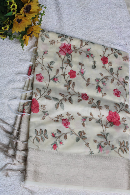 Beige Lenin silk saree with Banarasi parsi work and zari border