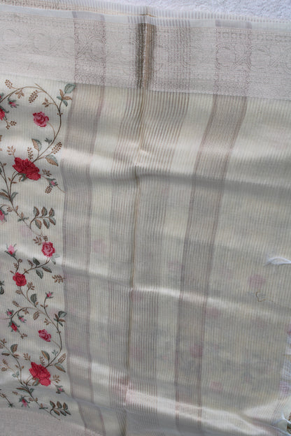 Beige Lenin silk saree with Banarasi parsi work and zari border