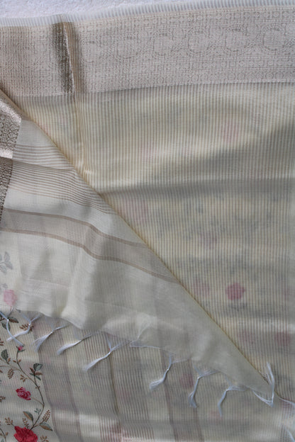 Beige Lenin silk saree with Banarasi parsi work and zari border