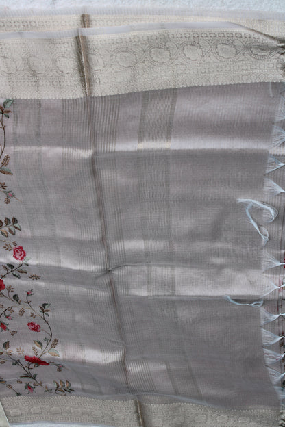 Beige IVORY silk saree with Banarasi parsi work and zari border