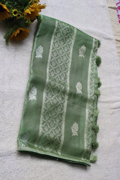 Green Banarasi Mashroo tissue silk saree