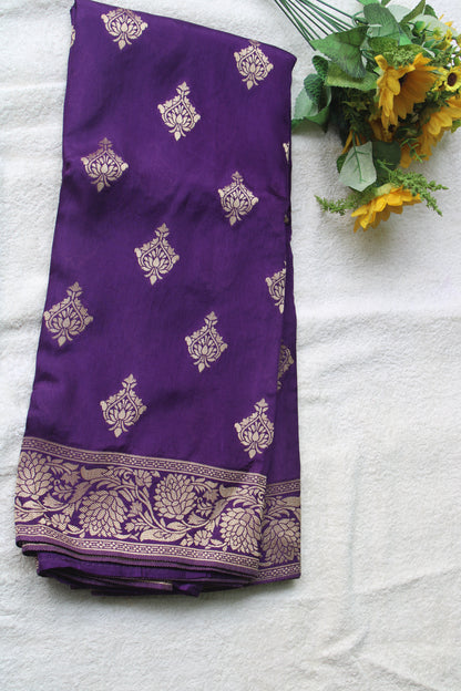 Banarasi purple saree with small trending border and new flower motifs