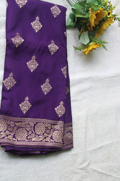 Banarasi purple saree with small trending border and new flower motifs