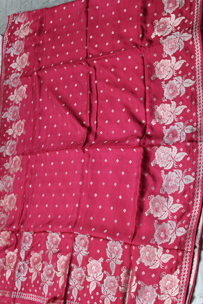 Tomato red Pure crape silk saree with rose flower border