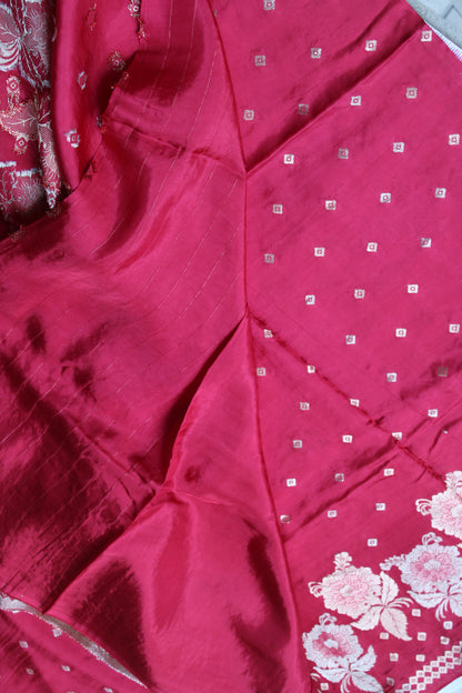 Tomato red Pure crape silk saree with rose flower border