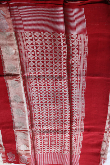 Red colour tissue and raw mango fusion saree