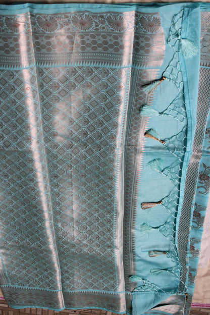Pastel blue Banarasi Raw Mango with Jaal design