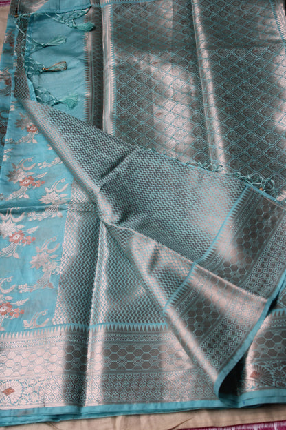 Pastel blue Banarasi Raw Mango with Jaal design
