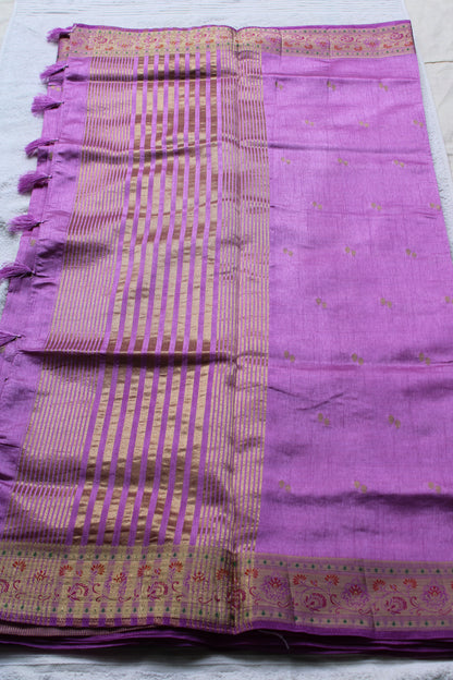 Lavender Tusser silk saree with small border