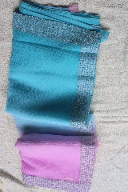 Blue and Pink Crushed georgette shaded saree