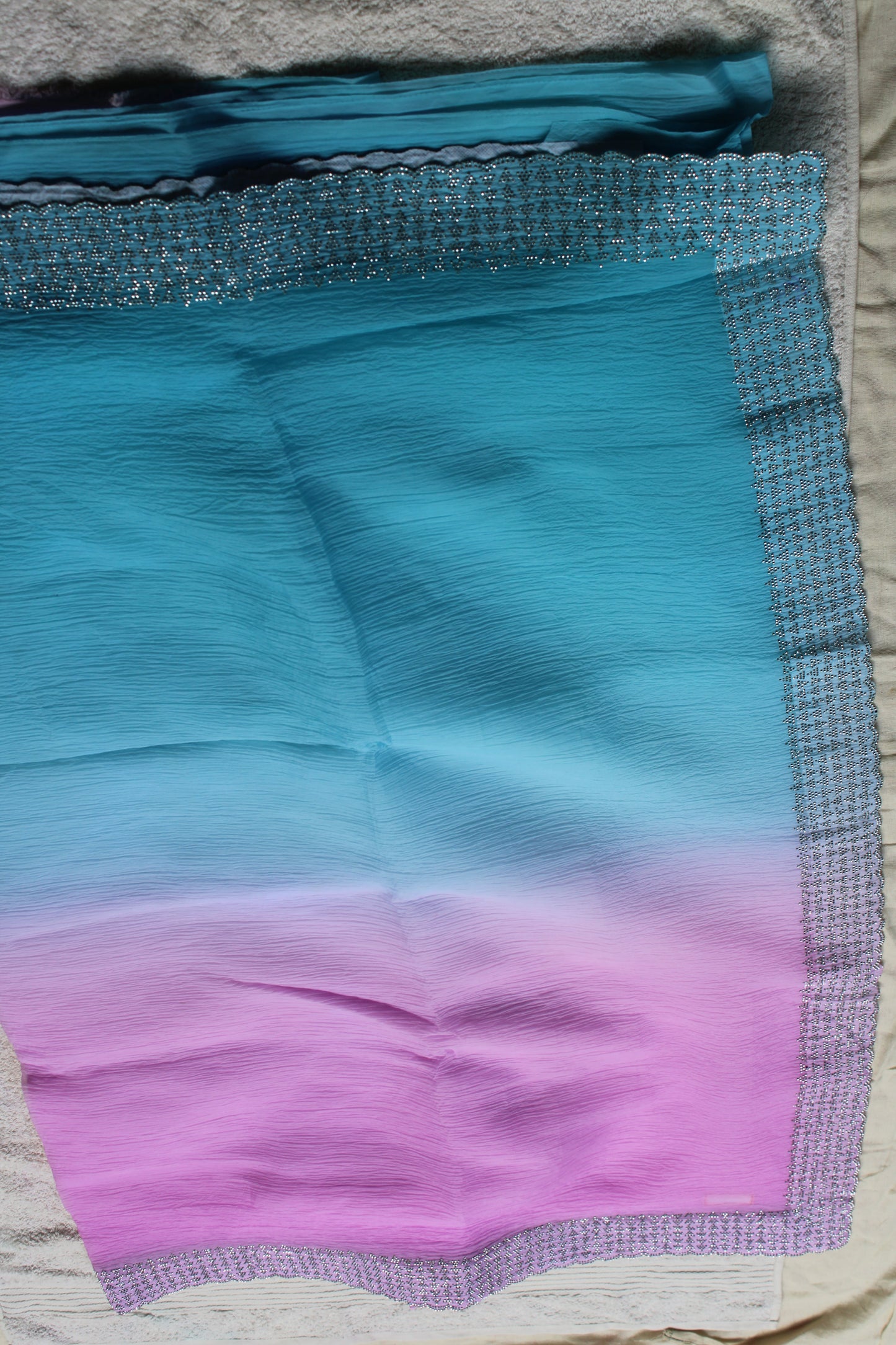 Blue and Pink Crushed georgette shaded saree