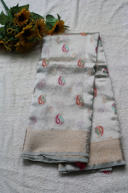 Ivory Organza Banarasi Saree with Meenakari Mango design