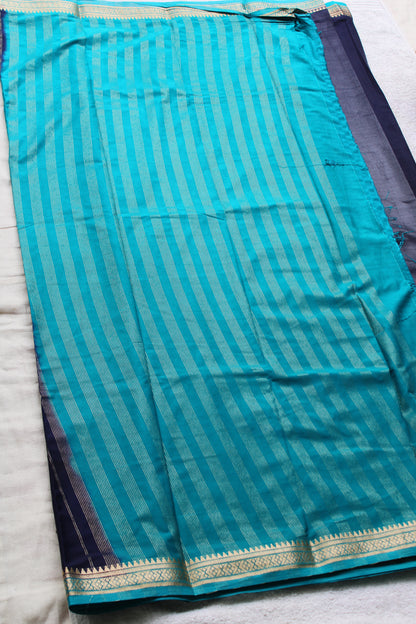 Ink Blue Premium Mysore silk saree with Small traditional border with contrast blouse