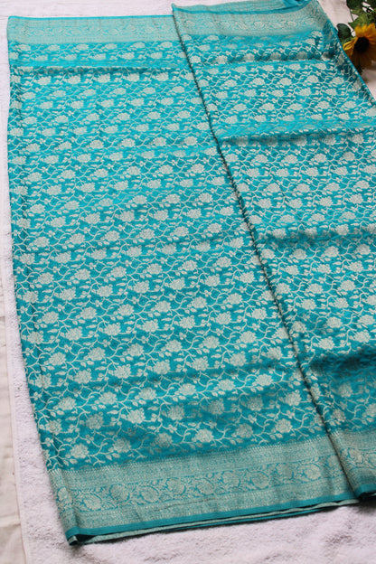 Sea Green Semi Georgette Flower Zaal Design Saree