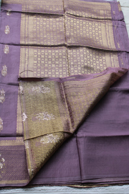 Onion Pink Banarasi Russian crape saree with checked and floral border