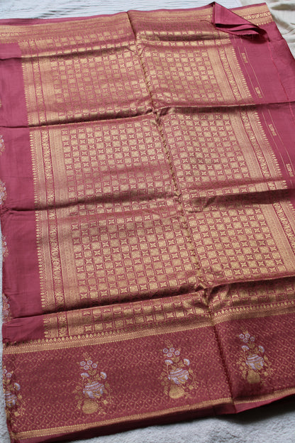 Pink Banarasi Russian crape saree with checked and floral border