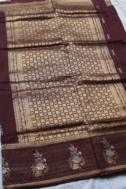 Chocolate Brown Banarasi Russian crape saree with checked and floral border