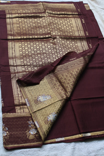 Chocolate Brown Banarasi Russian crape saree with checked and floral border