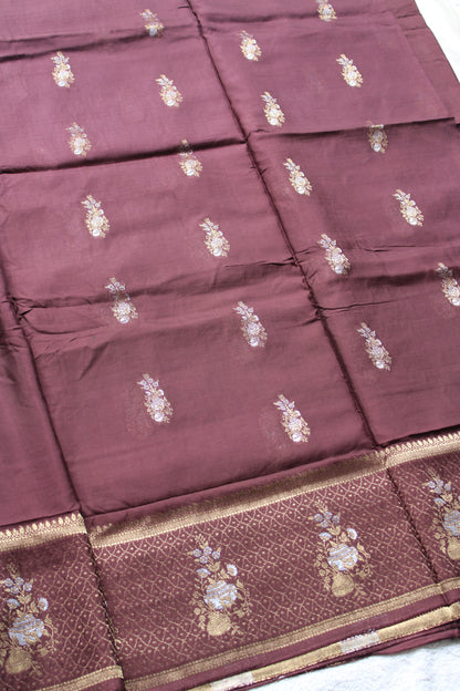 Chocolate Brown Banarasi Russian crape saree with checked and floral border