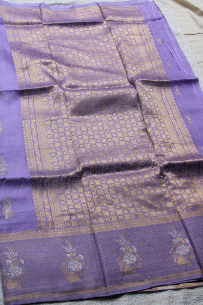 Lavender Banarasi Russian crape saree with checked and floral border