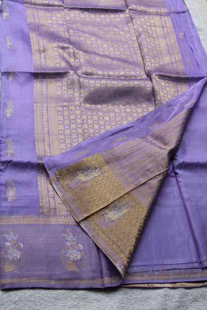 Lavender Banarasi Russian crape saree with checked and floral border