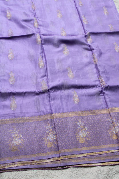 Lavender Banarasi Russian crape saree with checked and floral border