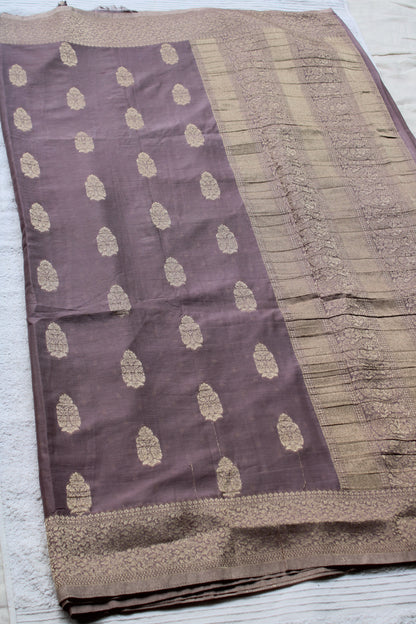 Mauve Banarasi Russian crape saree with checked and floral border